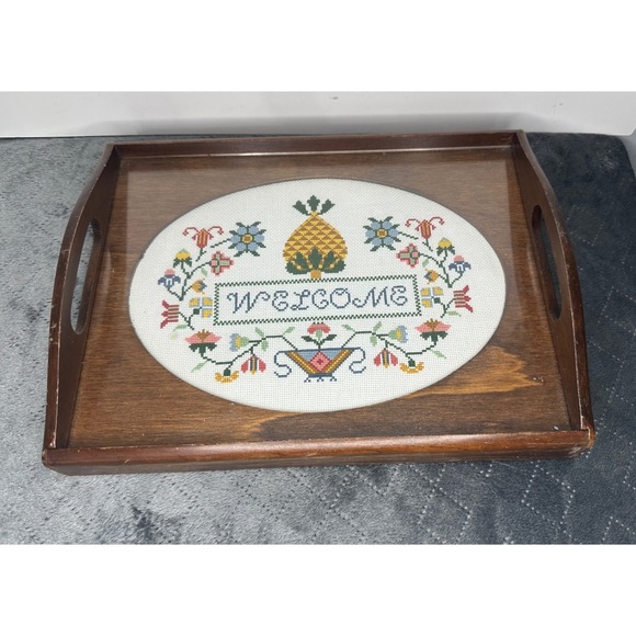 Vintage Welcome Tray Cross Stitch Floral‎ Pineapple Accent Decor Serving - Picture 2 of 4
